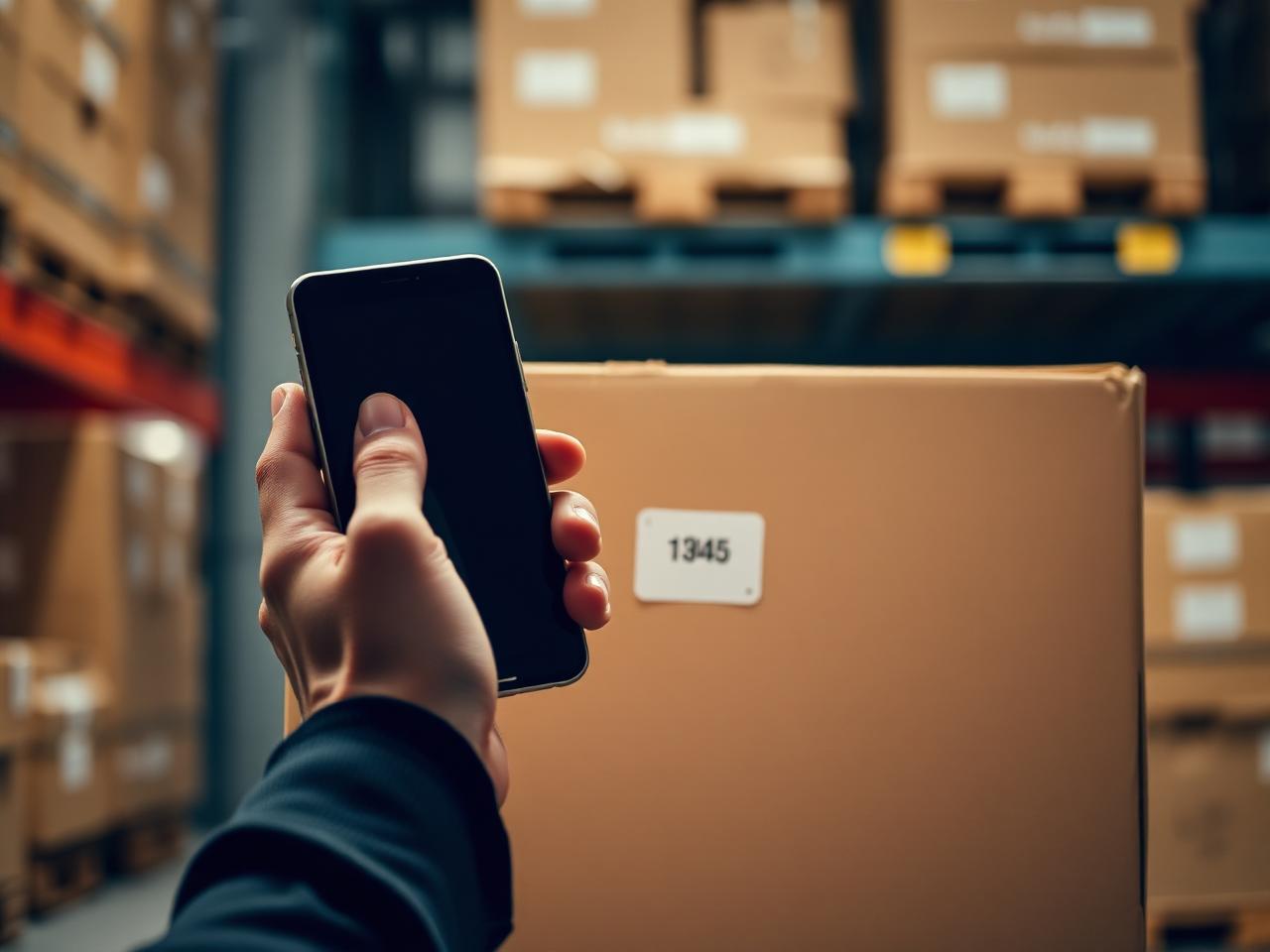 Warehouse worker scanning a QR code on a product box